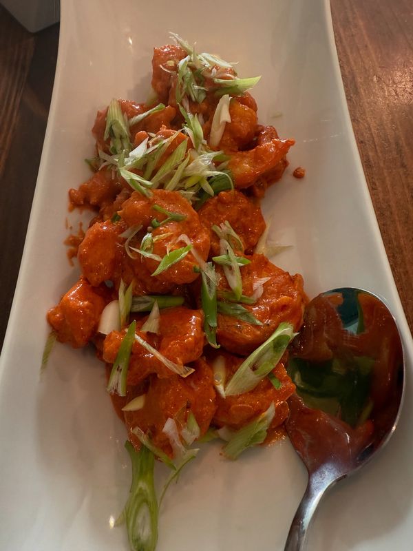 Spicy dish with spring onions served.
