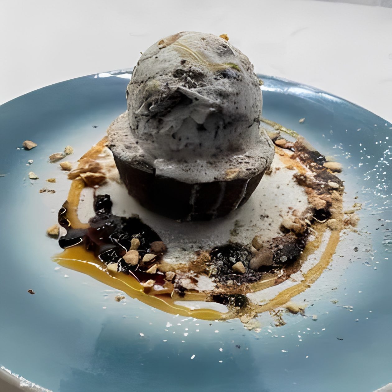 Gourmet dessert with chocolate drizzle.