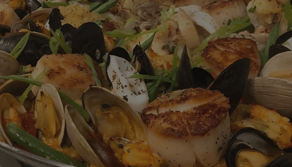 Seafood paella with mussels and scallops